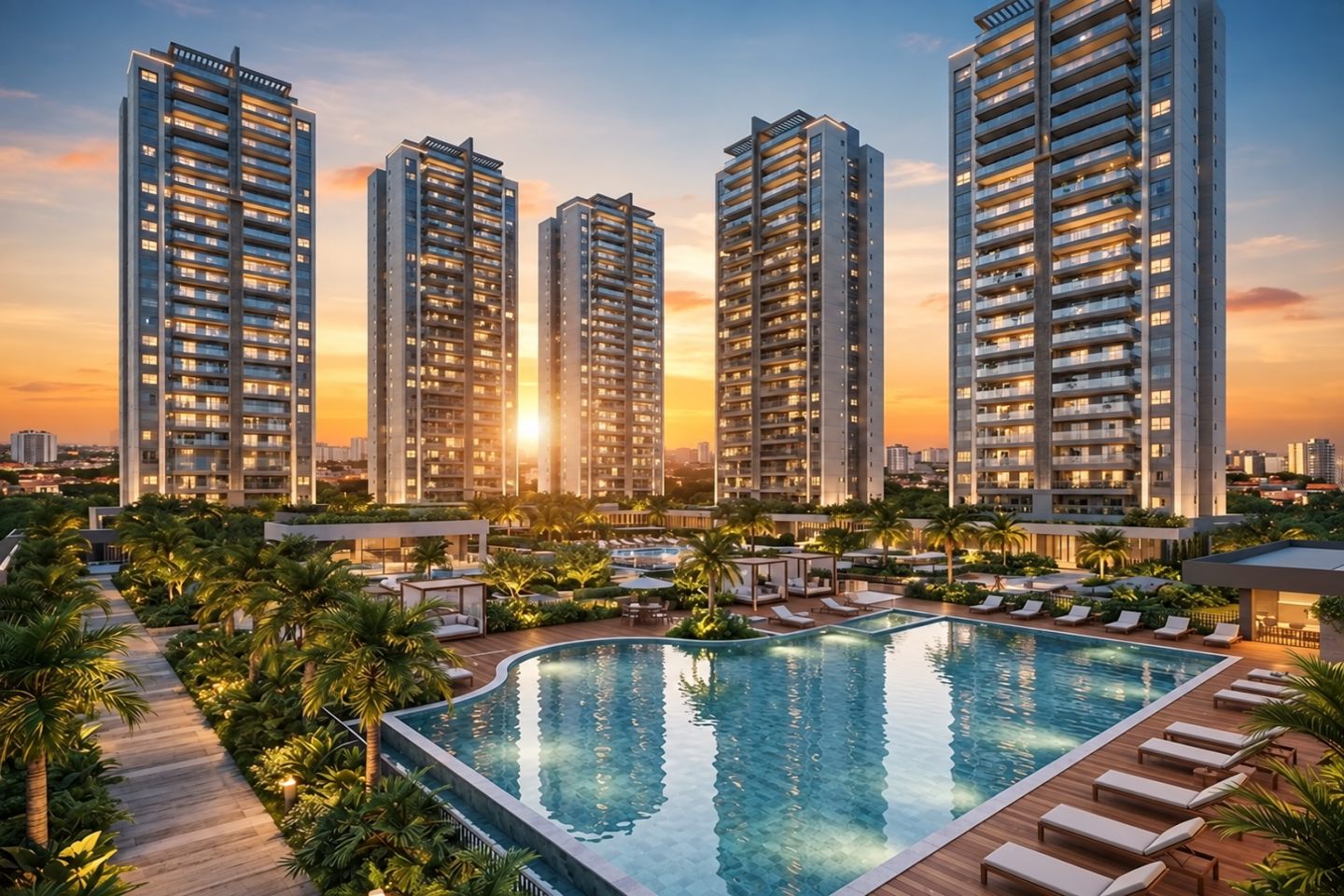 Condomínio residencial moderno com torres e área de lazer vazia